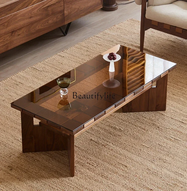 

North America imported black walnut coffee table solid wood glass rectangular double-layer tea table