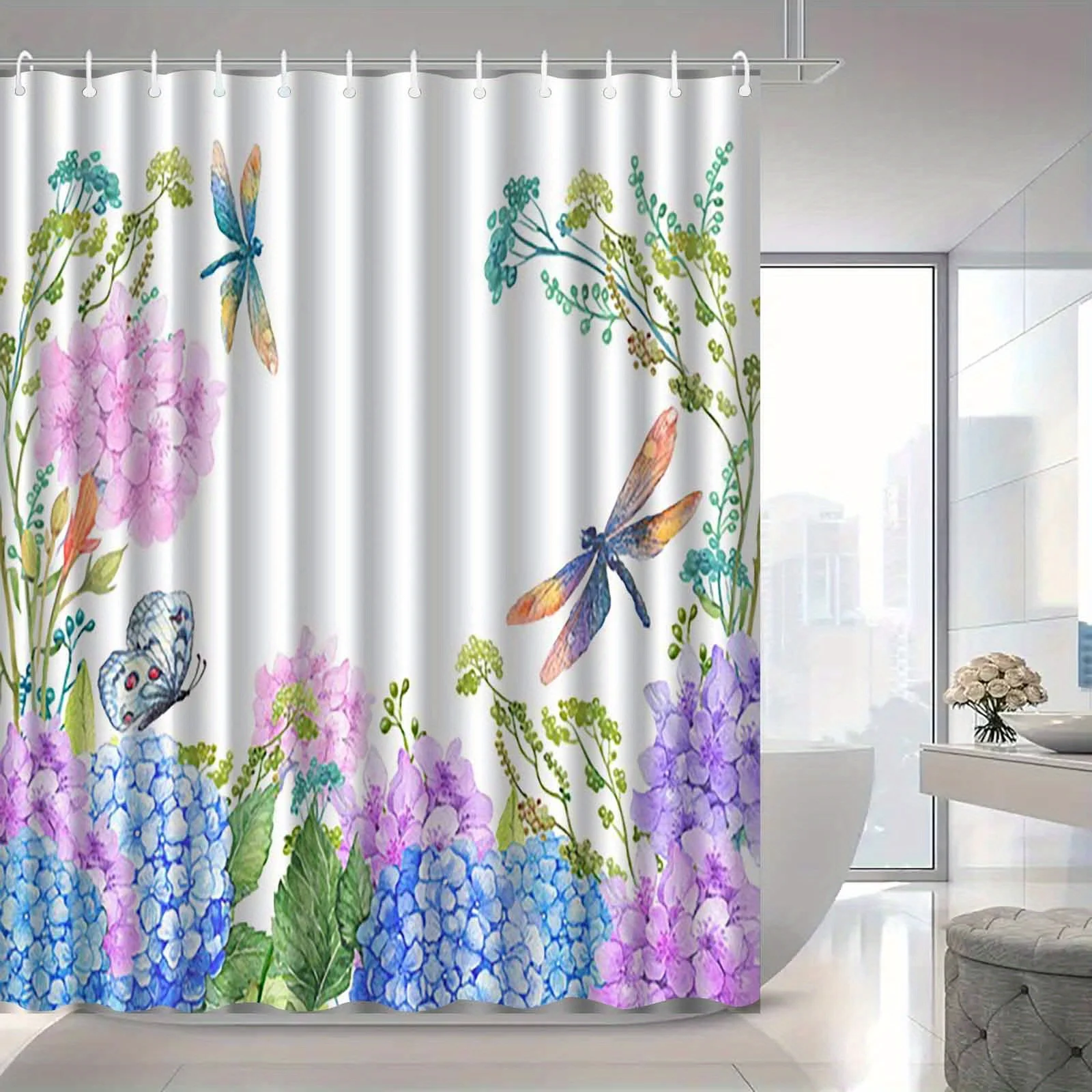 Jit1pc Vibrant And Lovely Embroidered Shower Curtain Featuring Ball Flowers, Dragonflies, And Butterflies, a Luxurious And Styli