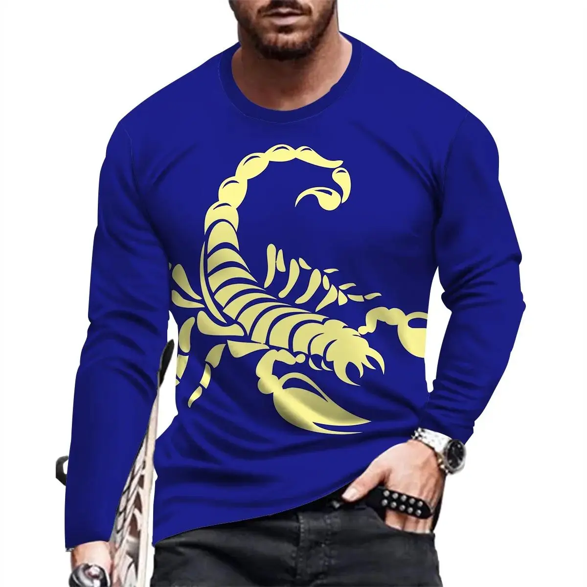 Men\'s Fashion O Collar Long Sleeve Casual Personality Loose 3d Printed Fun Scorpion Print T-Shirt Up To Size Breathable Top