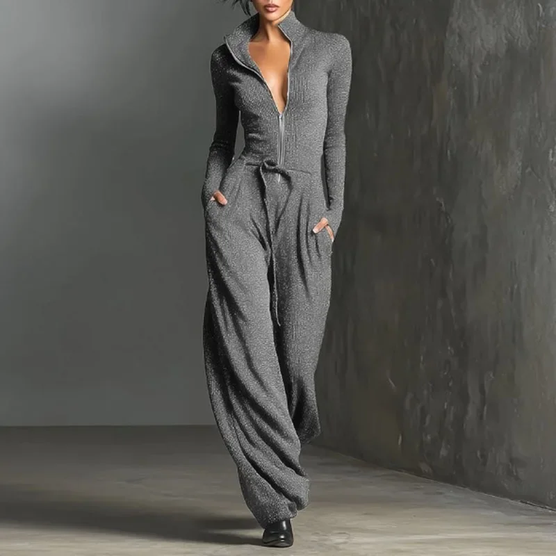

Spring Casual Solid Slim Straight Jumpsuits Woman Elegant V Neck Zip Bodysuit Autumn Long Sleeve High Waist Pocket Sports Outfit