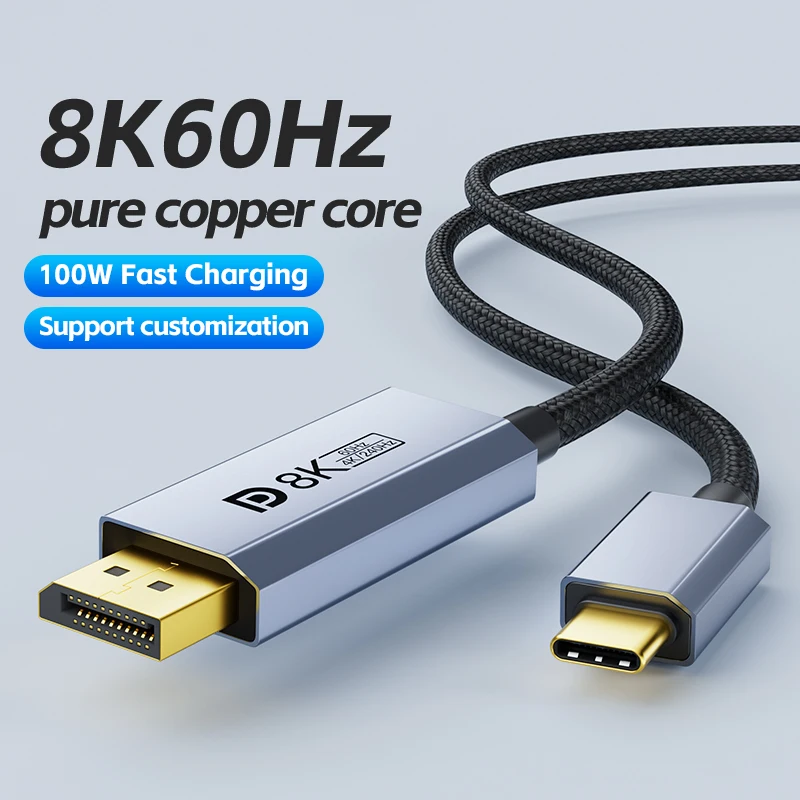 Type-C to DisplayPort 1.4 Cable 8K@60Hz 4K@144Hz With PD Charging USB-C to DP Conversion For Macbook Iphone 16 Huawei Projector