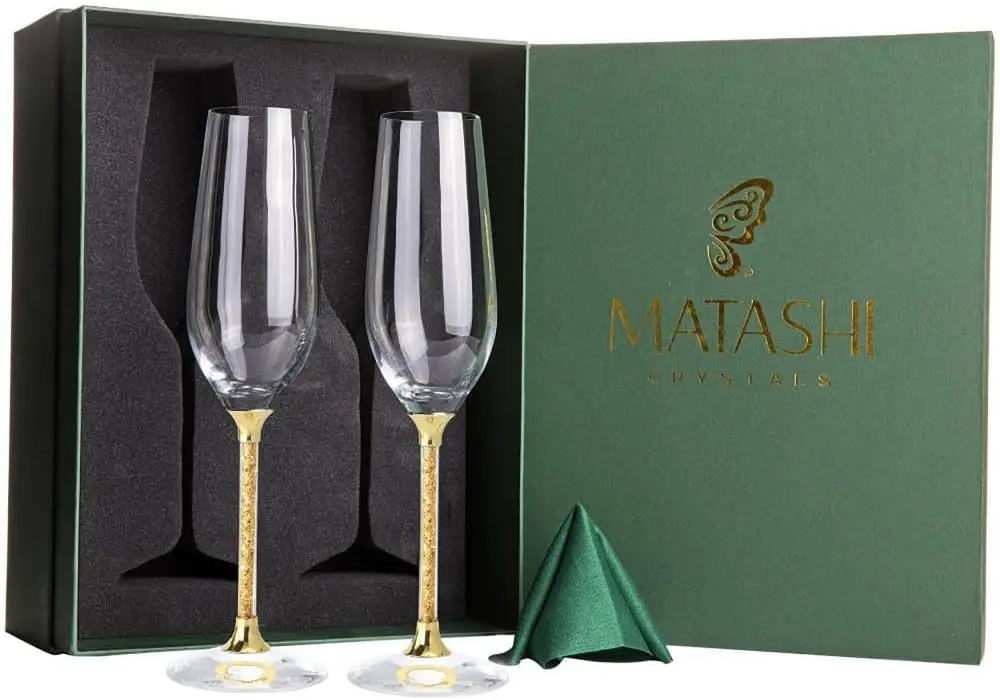 Champagne Flutes Set of 2 Crystal Glasses (8 oz) - Elegant Glassware with Gold Foil Filled Stem, Luxury Wedding Toasting Flutes