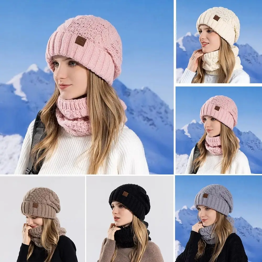 2Pcs/Set Fashion Windproof Knitted Hat Scarf Set Cold-proof Keep Warm Ear Protection Cap Thickened Beanies Cap for Women