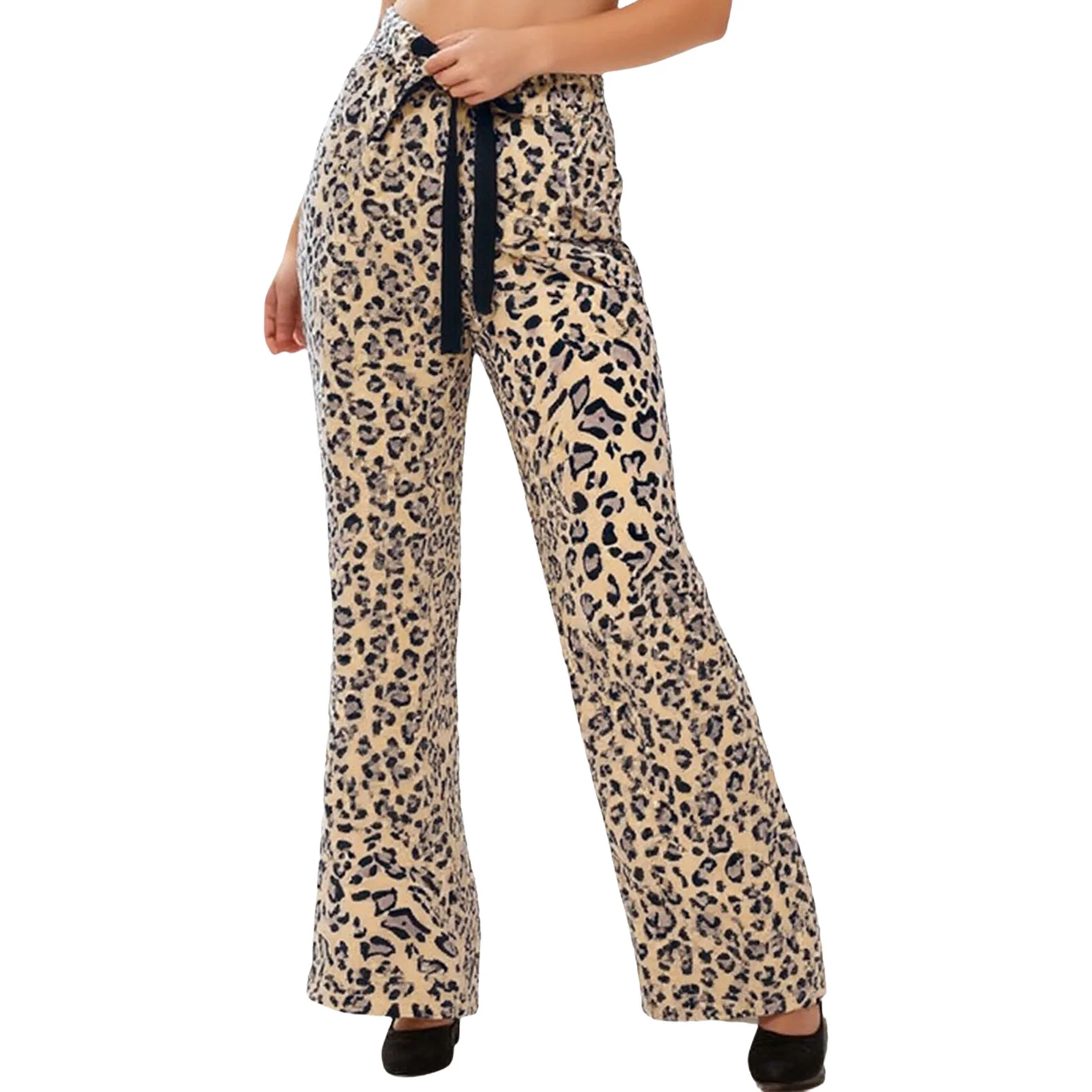 

Womens Leopard Print Loose Long Pants Elastic Waistband Warm Flannel Wide Leg Pants Casual Trousers for Office Weekend Vacation