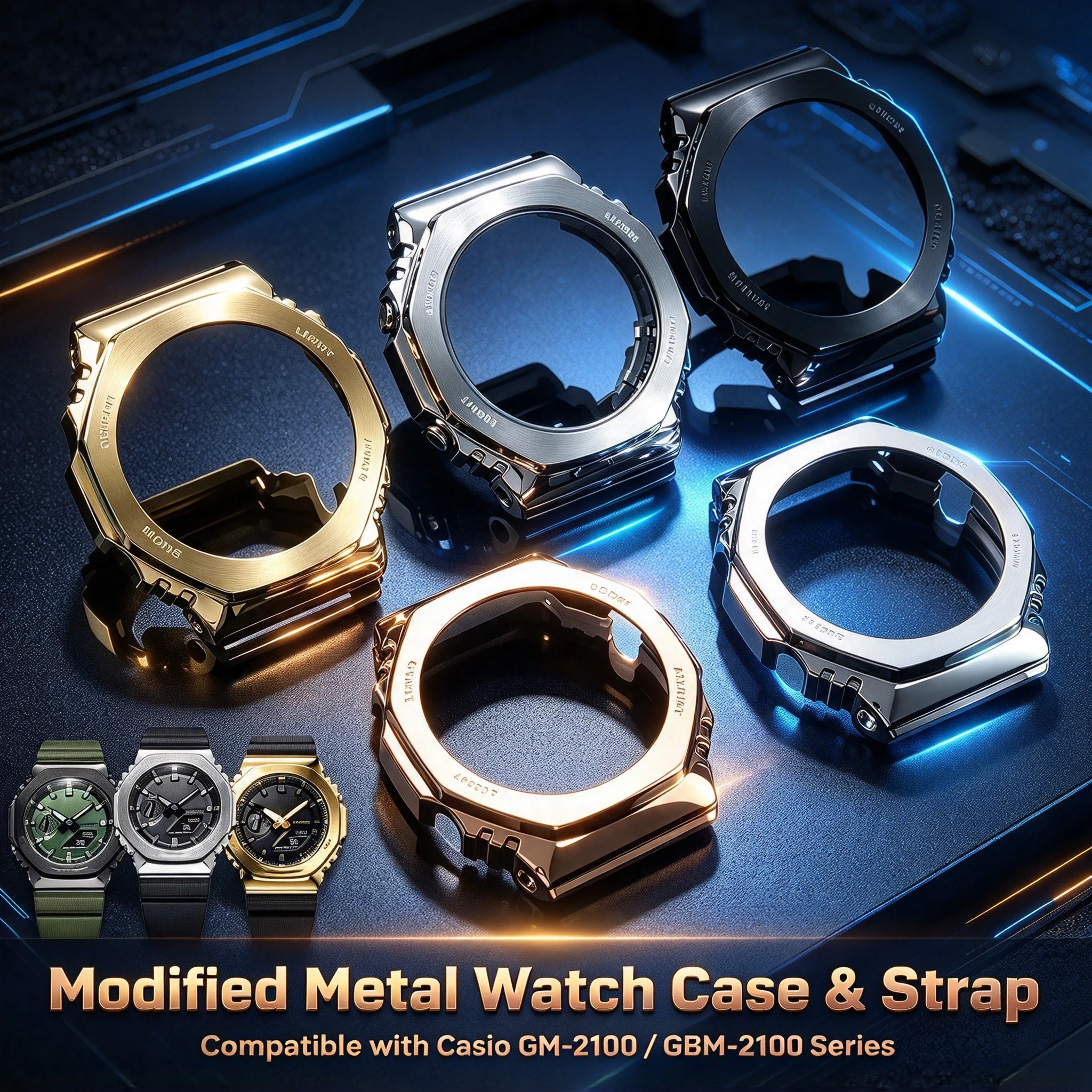 Metal Bezel & Steel Case Watch Band Mod Kit For Casio G-Shock GM-2100 GBM-2100 Octagon Oak Module 5611 Replacement Accessories