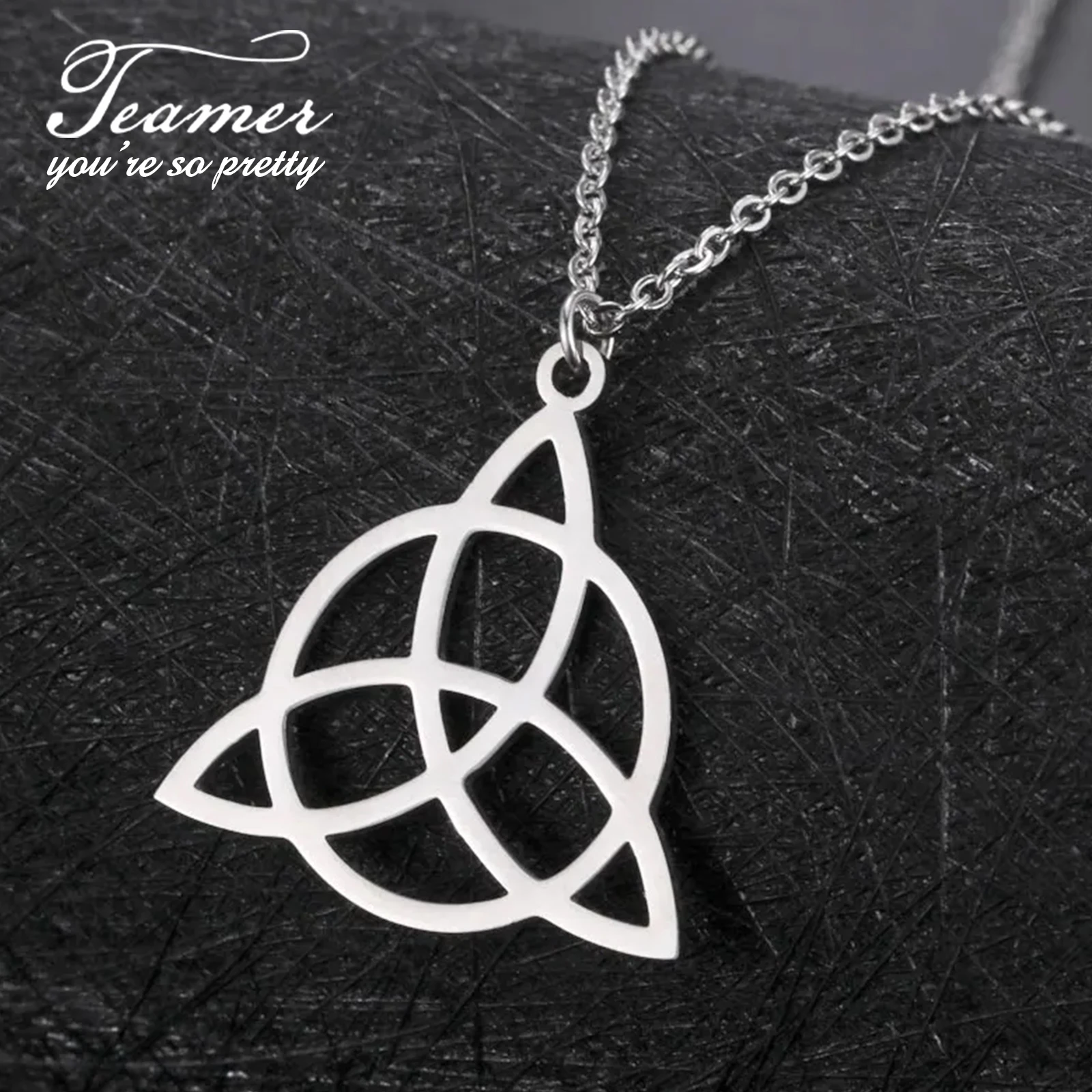 Teamer Irish Celtic Knot Necklace Stainless Steel Witch Knot Witchcraft Pendant Protective Amulet Supernatural Jewelry for Women