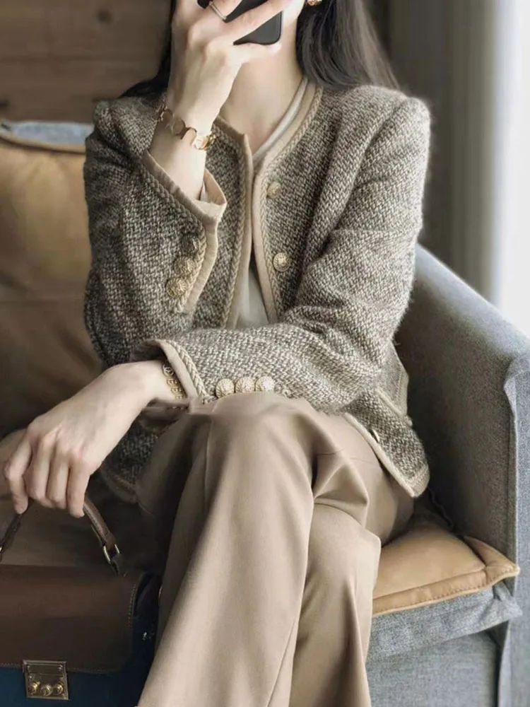 

Шерстяное пальто цвета хаки для женщин, весна-осень, с пуговицами, свободного кроя, с круглым вырезом, длинными рукавами, без капюшона