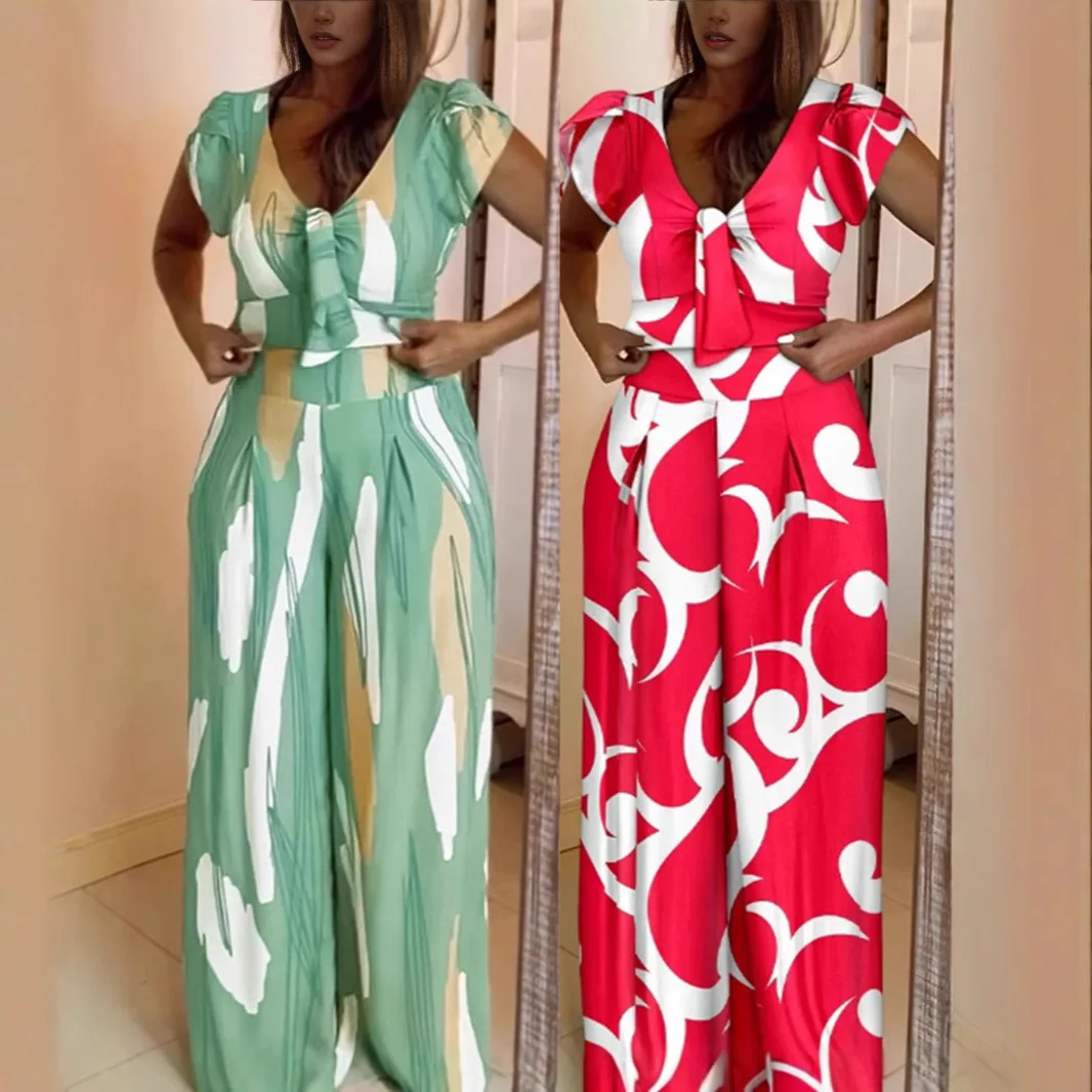 

Женский летний новый модный топ с принтом + широкие брюки с высокой талией, комплект одежды из двух предметов