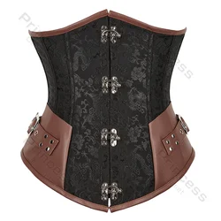 Steampunk Underbust Corset Leather Brown Pirate Corset Belt Lace Up Back Jacquard Corset Vintage Top for Women Black