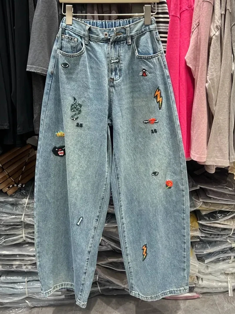 Plus size 5xl 140kg outono vintage jeans elástico wasit bordado jeans para mulher calças de perna larga tamanho grande jeans pano de grandes dimensões