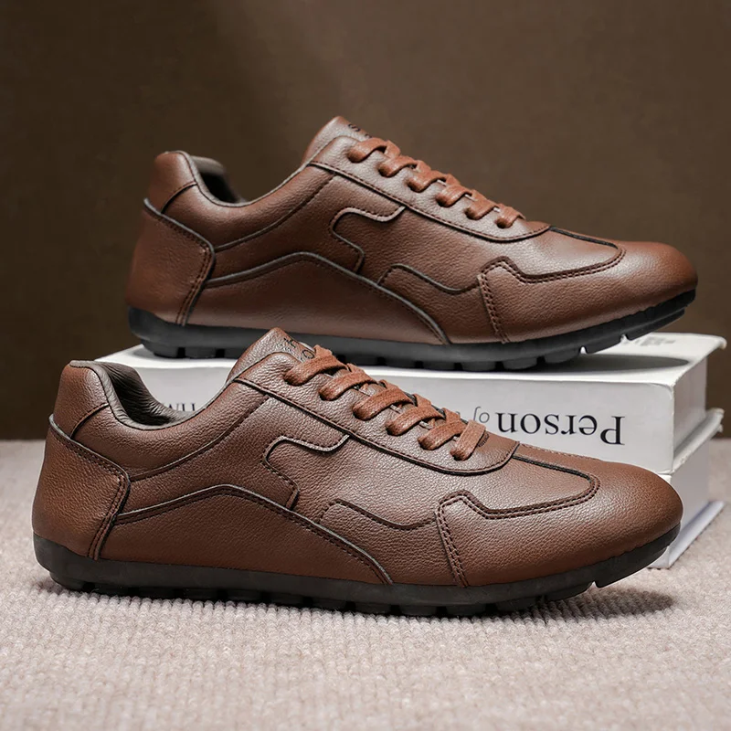 

Daily Casual Men's Shoes Genuine Leather Low Top Breathable Square Toe Fashion Trendy High-end Youth Leather Shoes Male Flats