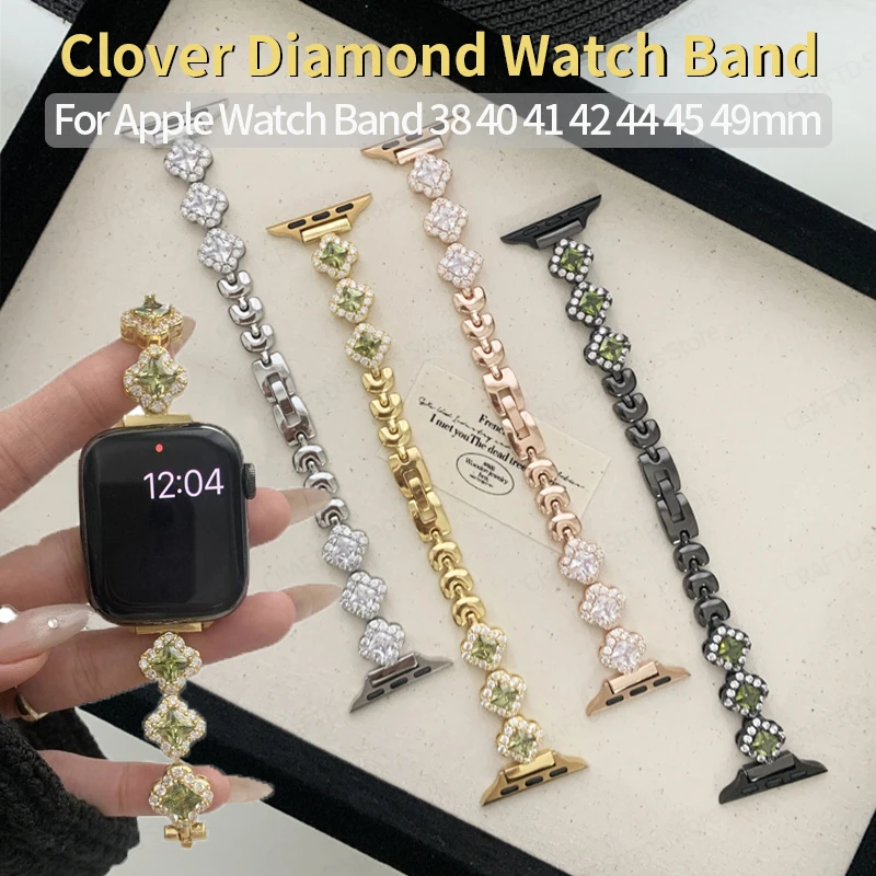 Clover Diamond Stainless Steel Strap for Apple Watch Band 40mm 44mm 45 38 42 49 Metal Correa Bracelet for IWatch Series 9 8 7 Se