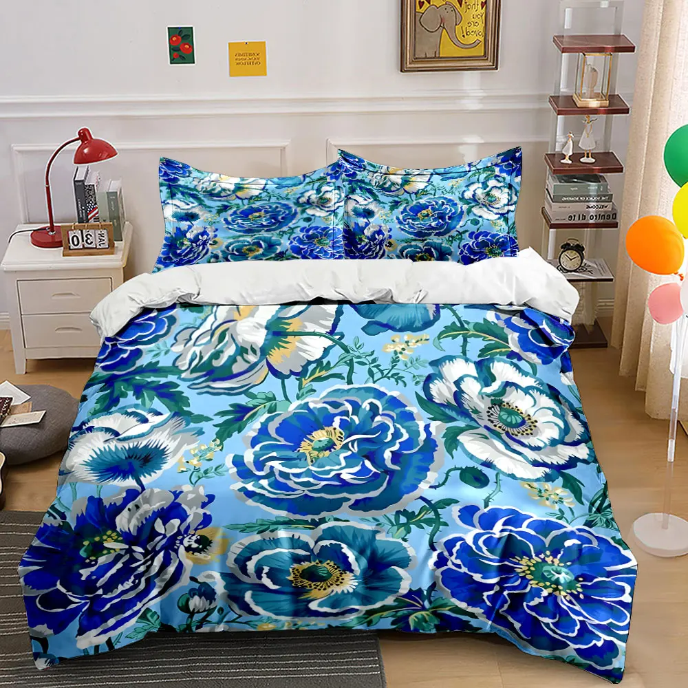 Blue Peony on a Blue Background Print Bedding Set 1 Duvet Cover 2 Pillowcases for Adult and Children Luxury Gift Full Size