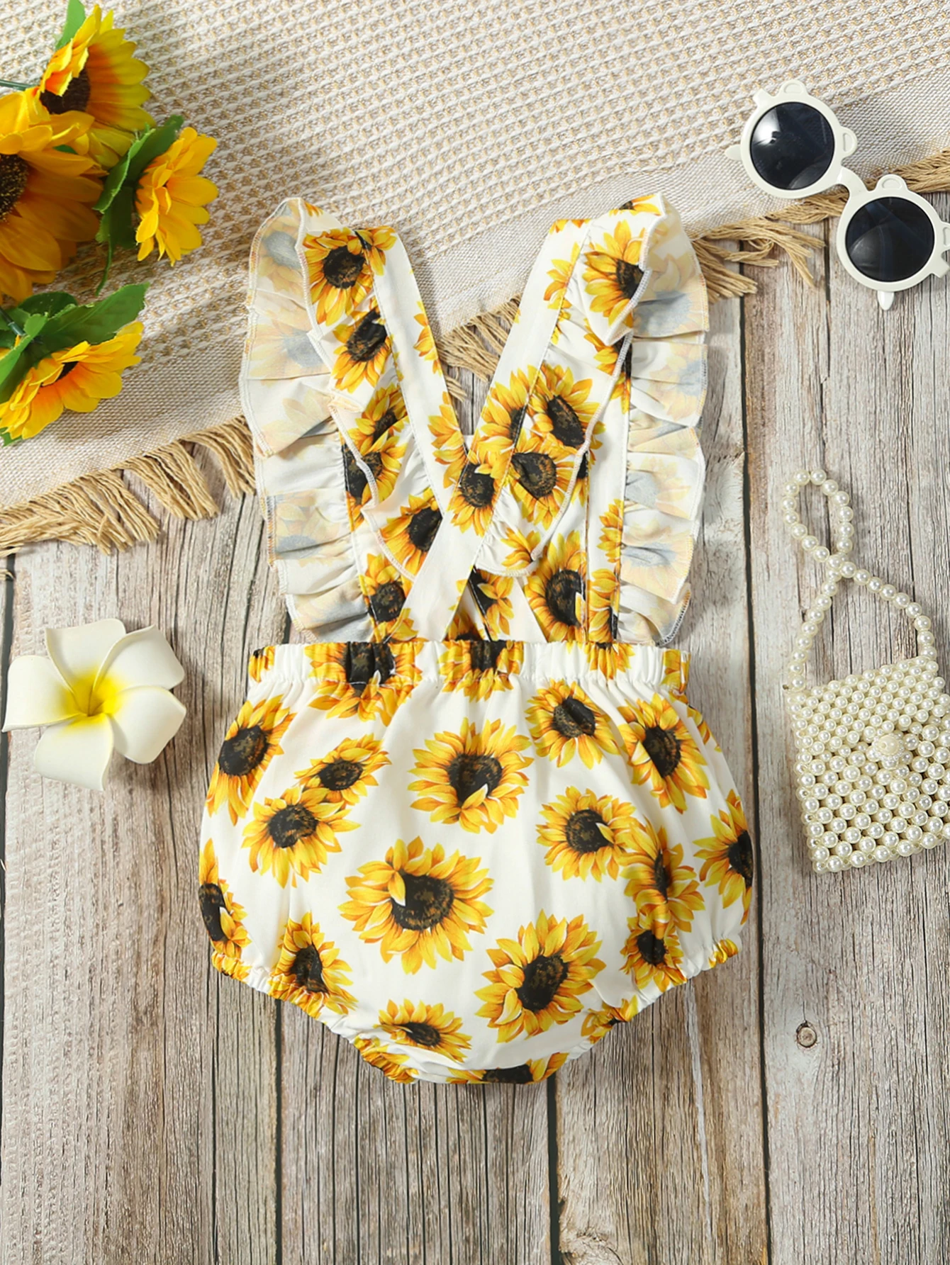 Baby Girls Sunflower Print Ruffle Trim Square Neck Crisscross Back Bodysuit Infant Newborn Fashion Summer Clothing