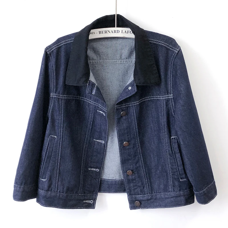 

Vintage Blue Turndown Collar Splicing Denim Jacket Women Slim Short Cowboy Outerwear Korean Long Sleeve Jeans Jacket Coat Female