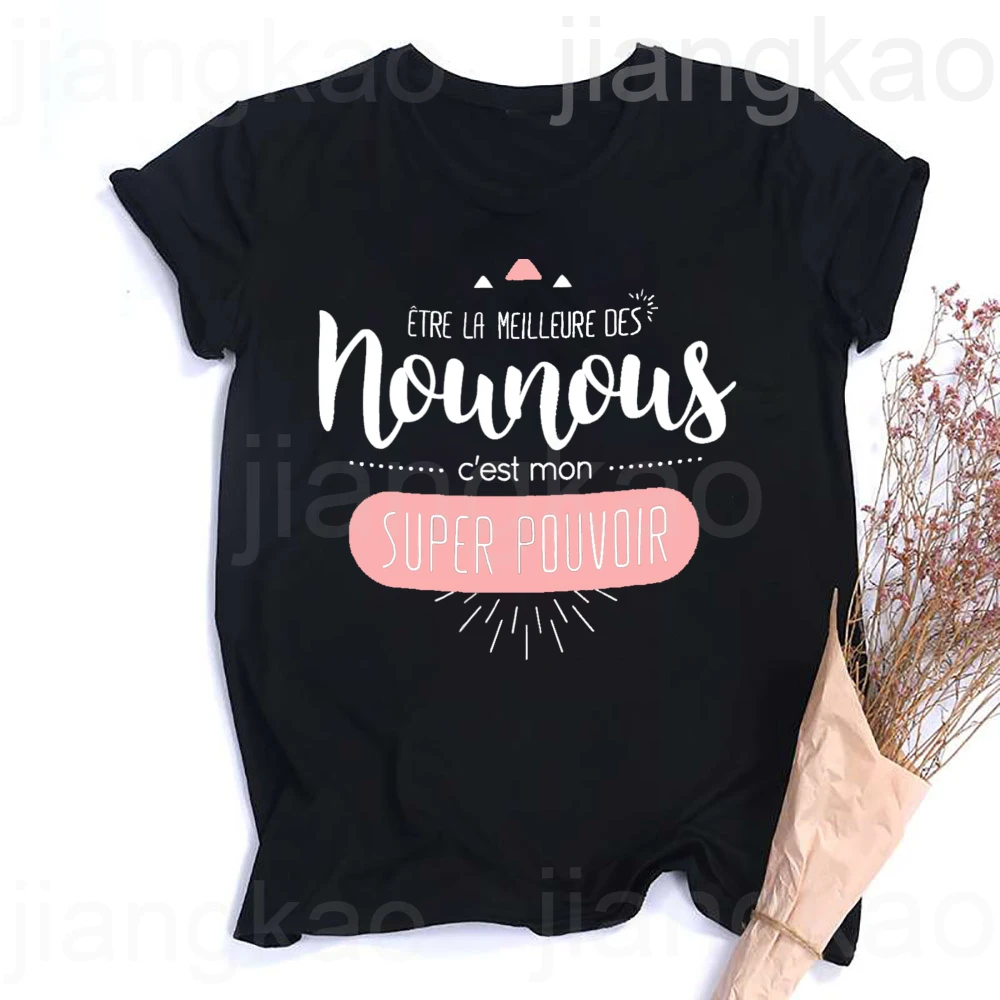 Koszulki z nadrukiem: Być najlepszą opiekunką to moja supermoc, damska koszulka z krótkim rękawem, strój Nounou, zabawny francuski nadruk, damskie topy