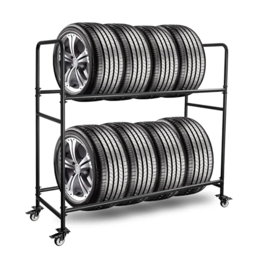 Tire Storage Rack Rolling Metal Shelving with 4 Lockable Wheels Height Adjustable for Garage Tire Holder SUV Truck Car Tire Whe