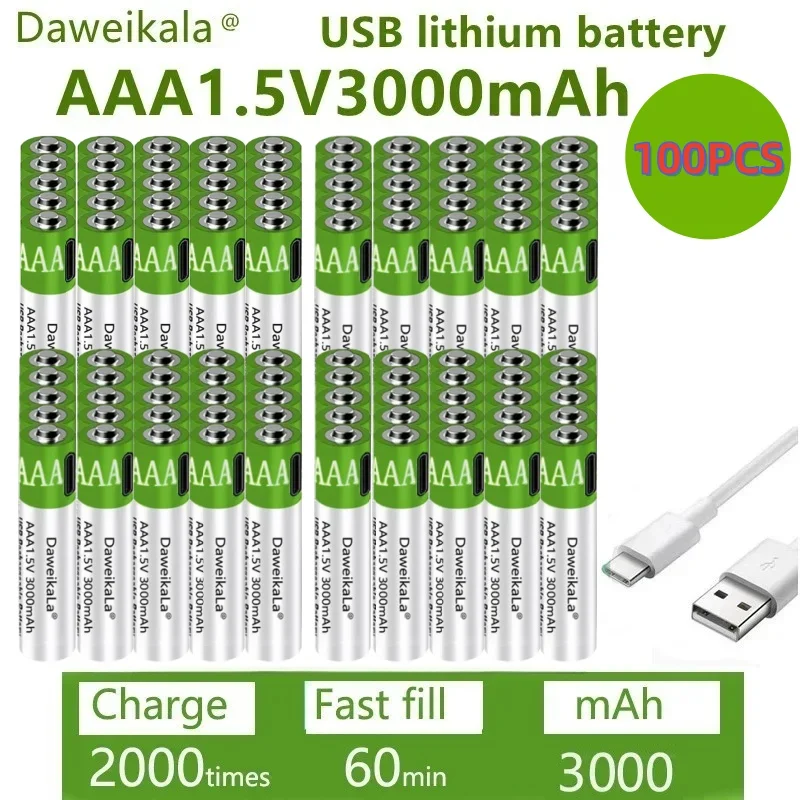 

100PCS Fast charging 1.5VAAA lithium ion battery with 3000mah capacity and USB rechargeable lithium USB battery for toy keyboard