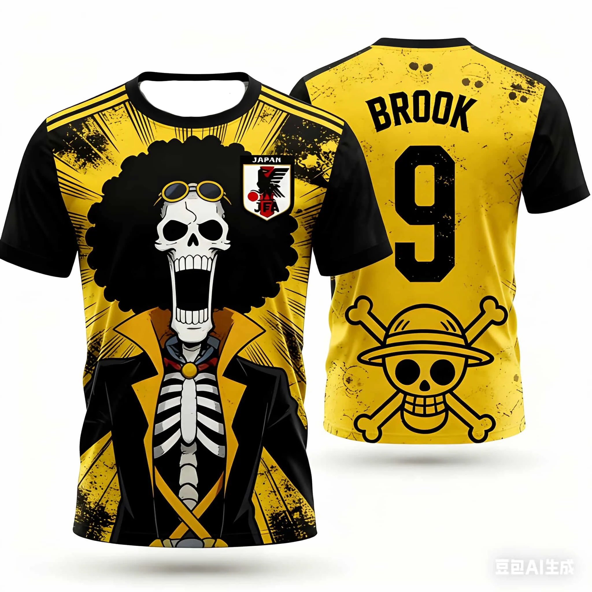 One Piece Brook # 9 x Camiseta de la selección nacional de fútbol de Japón, camiseta transpirable de secado rápido para hombres y mujeres, camiseta de calle para fanáticos del fútbol de anime