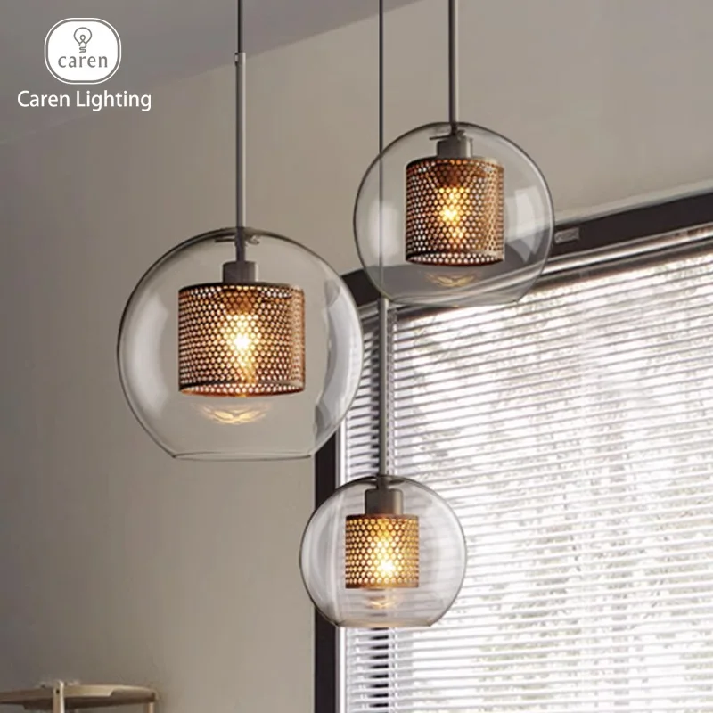 Caren Lighting Clear Glass Cylindrical sphere metal mesh hexagon brass finish Pendant Light Industrial chandelier Vintage modern