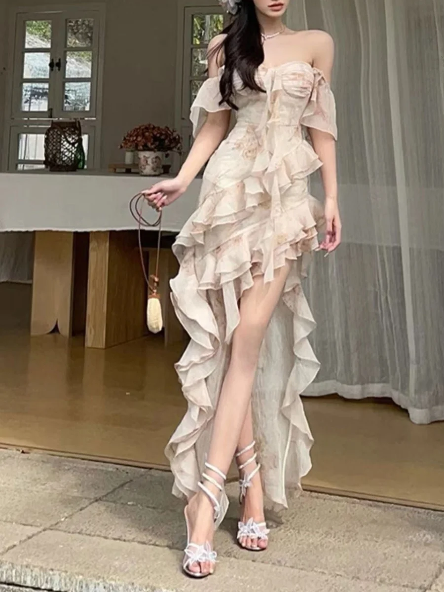 High-Grade Ruffled Floral Dress for Women Spring and Summer New Pure Style off-the-Shoulder Irregular Waist Long