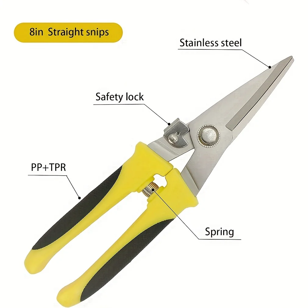 Aviation Tin Snips 8 Inch Heavy Duty Metal Cutter, Straight Shears with Stainless Steel Blade & Comfort Grips, Multifunction Cut