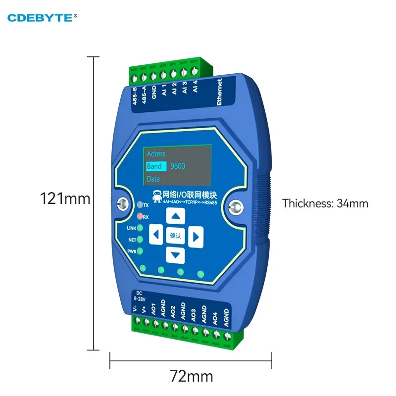 Imagem -03 - Ebyte-modbus Tcp Rtu Oled Display Networking Module 4ai Mais 4ao 020ma 4-20ma Rj45 Rs485 Modbus Gateway Me31-xaxa0404 dc 8-28v