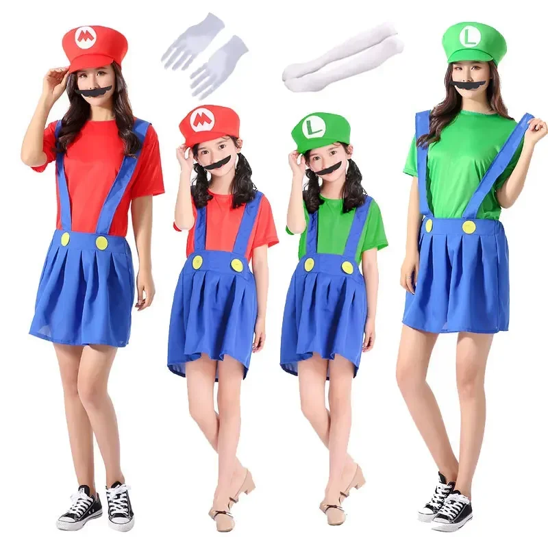 Sn88 girls Women super brother jumpsuit plumber cosplay boys kids adult Luigi costume dress hat beard gloves socks Hallowee * #2