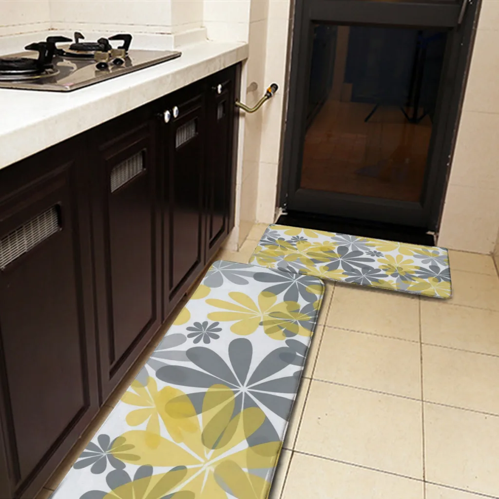 Kitchen Door Steps Water-Absorbing  Non-slip Foot Mats Art Highest Yellow Gray Flower