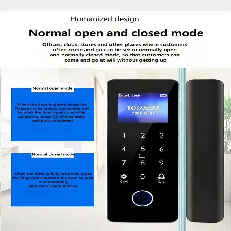 Glass Door Fingerprint Lock With Thickness Of 10-12mm Normally Open/Closed Mode No Need To Punch Holes Clip-type Installation