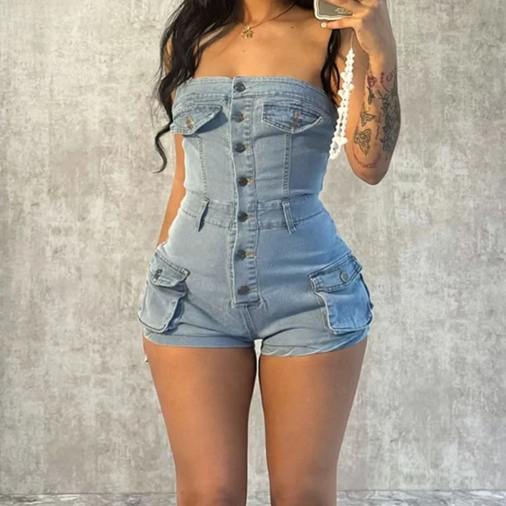 

Sexy Denim Off Shoulder Bodycon One Pieces Rompers Women Button Sleeveless Slim Cargo Jeans Jumpsuits Fashion Overalls