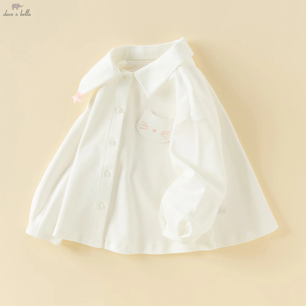 Dave Bella Children Spring Long Sleeve Cartoon Shirt Girls Gentle White Blouse Tops Kids Elegant Cotton Top Party DB1261021