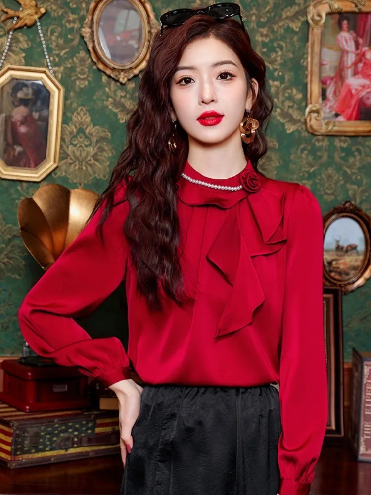 2024 Spring Elegant Red Satin Women Beading Ruffles Blouse Long Sleeve Fashion Korean Office Ladies Work Shirt Basic Female Tops