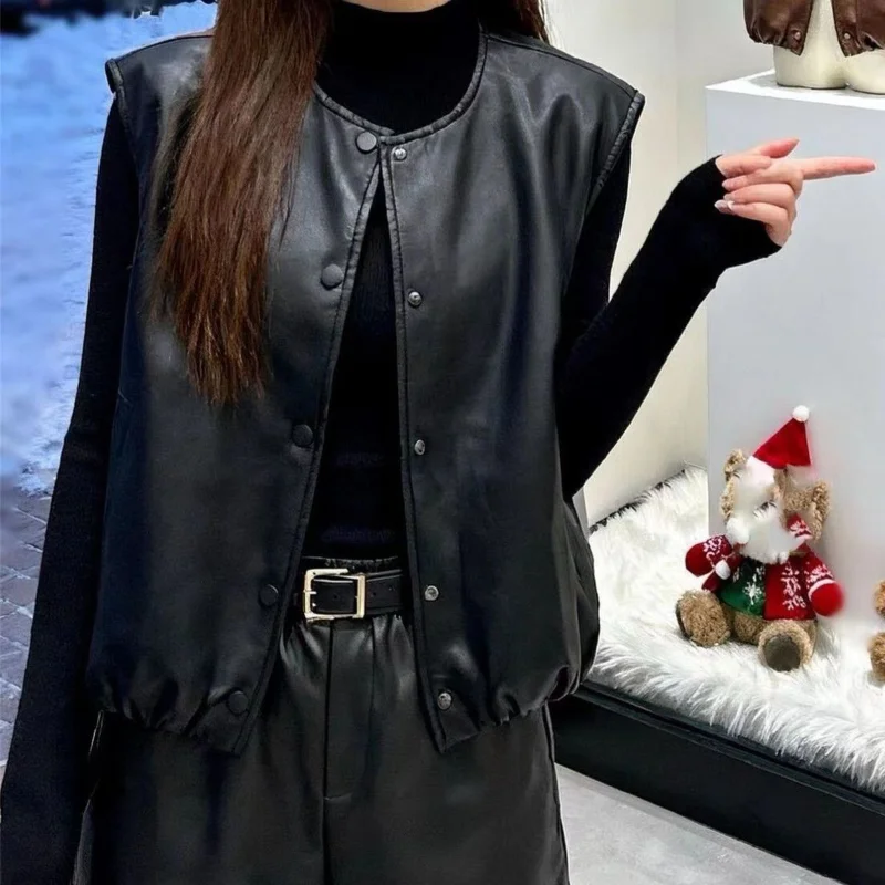 O-neck Solid Color Sleeveless Chic Vest Women Korean Pu Crop Tops Casual Fashion Streetwear Waistcoats 2026 Ropa Mujer