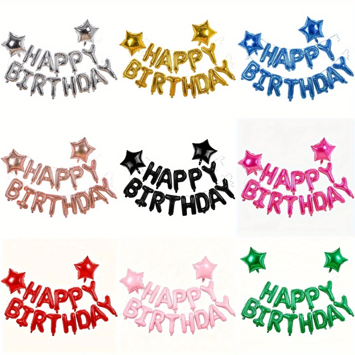 1 Set Geburtstagsballons Banner, 3D Gold Silber Schwarz Blau Rosa Premium Mylar Folienbuchstaben Happy Birthday Banner mit 2 Stück Sternenballons