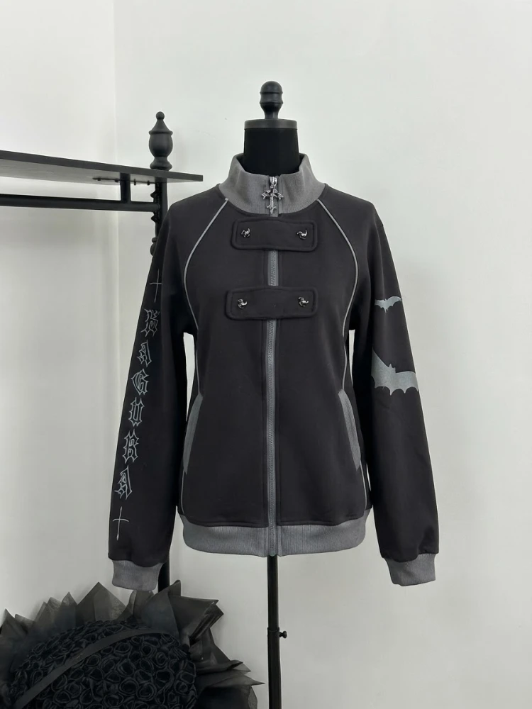 Gothic Subculture Y2K Korean Streetwear Zip Up Hoodie Jacket Women Bat Letter Graphic Print Fleece Lined Stand Collar Coat 2026