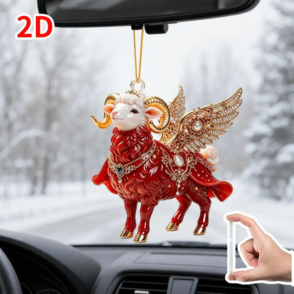 2D Acrylic Car Hanging Ornament Flying Sheep Rearview Mirror Pendant Cute Animal Charm Car Interior Decoration Christmas Gift