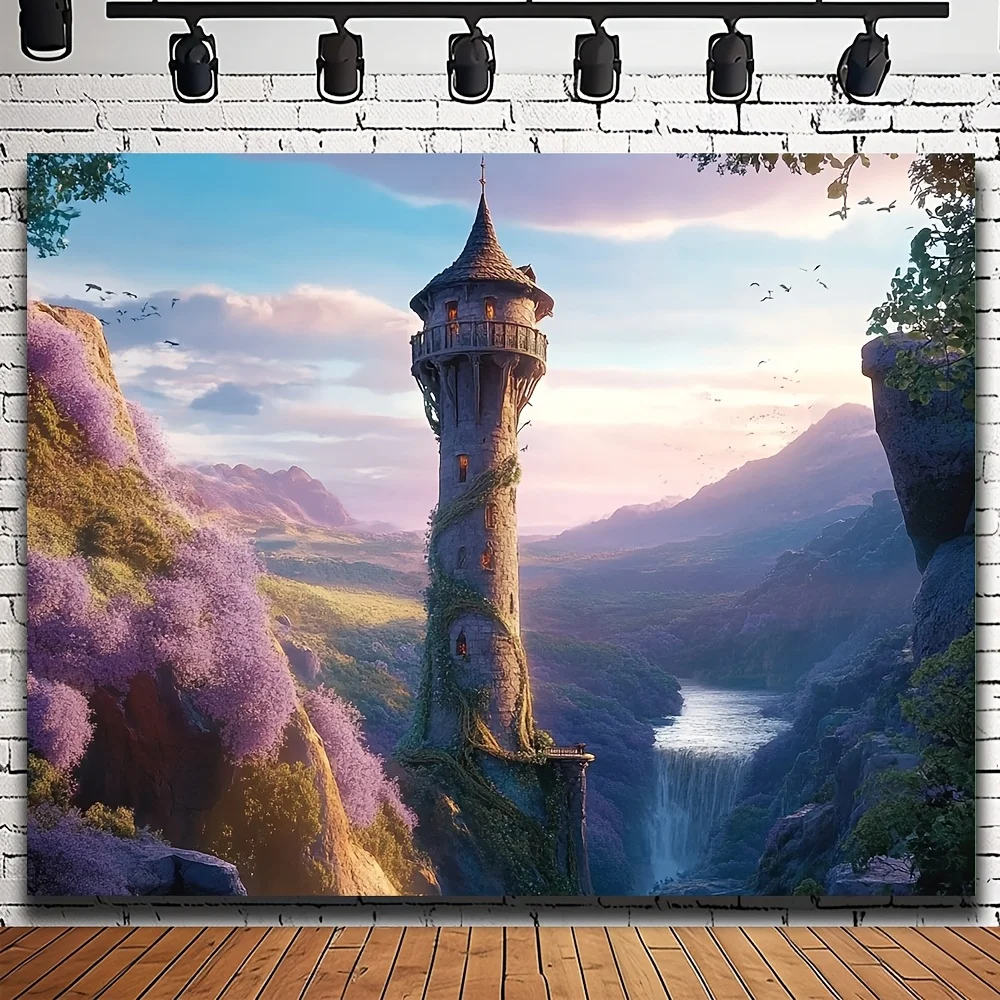 1 Stück Magic Princess Tower Polyester-Hintergrund, verträumter Landschaftshintergrund, Geburtstagsparty-Dekoration, Märchenthema