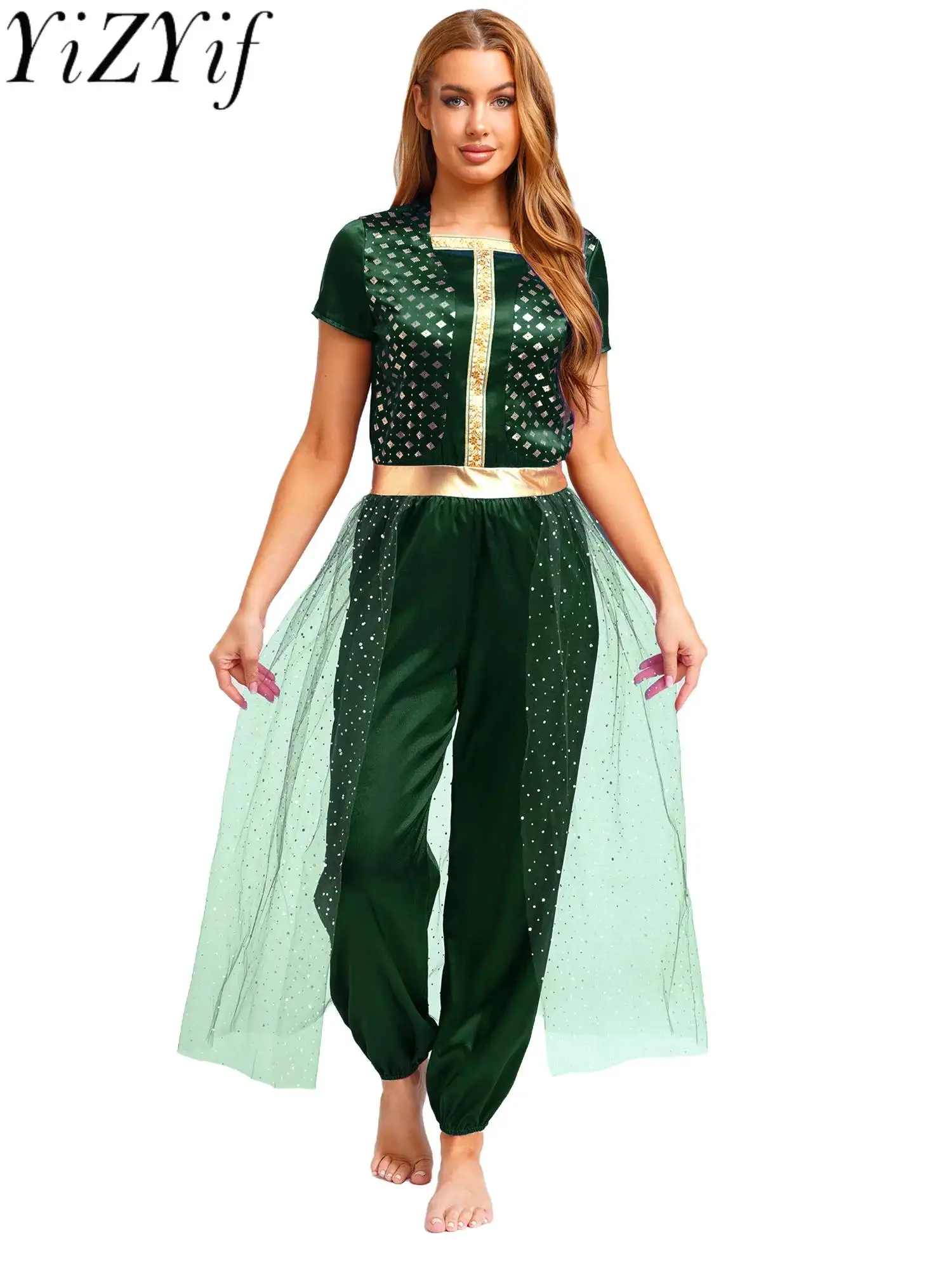 

Women Arabian Princess Belly Dance Performance Jumpsuit Long Pants with Sequined Tulle Romper Lamp Costume for Halloween Party