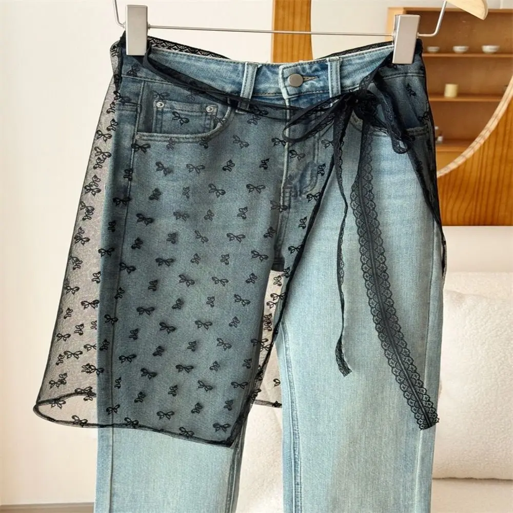 New Embroidered Flower Lace Mini Skirt See Through Y2K Streetwear Lace Up Ruffles Skirt Harajuku Butt Curtain Jeans Decoration