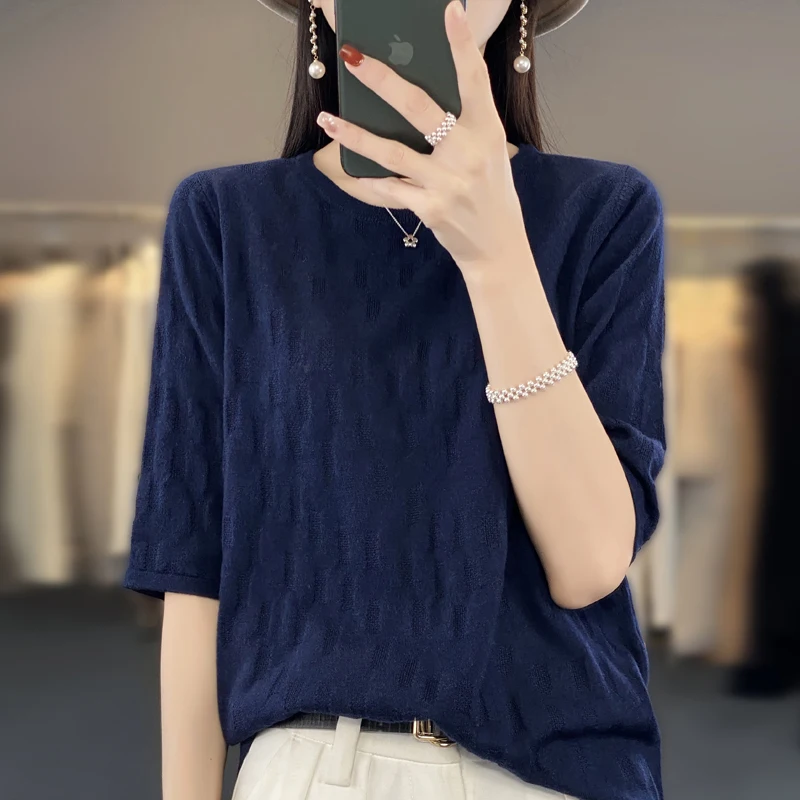 

Round neck knitted short-sleeved sweater women's spring and summer loose fashion short pullover half sleeve T-shirt