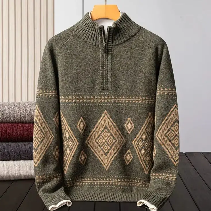 100% pure cashmere sweater men's jacquard color matching sweater men's autumn bottoming coat