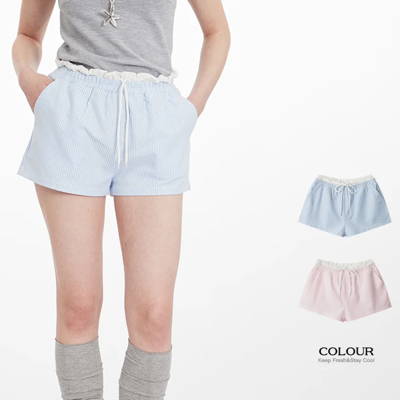 Yapher Pantaloncini bikini a vita alta da donna in stile francese a righe blu e bianche con pantaloni da vacanza larghi con coulisse