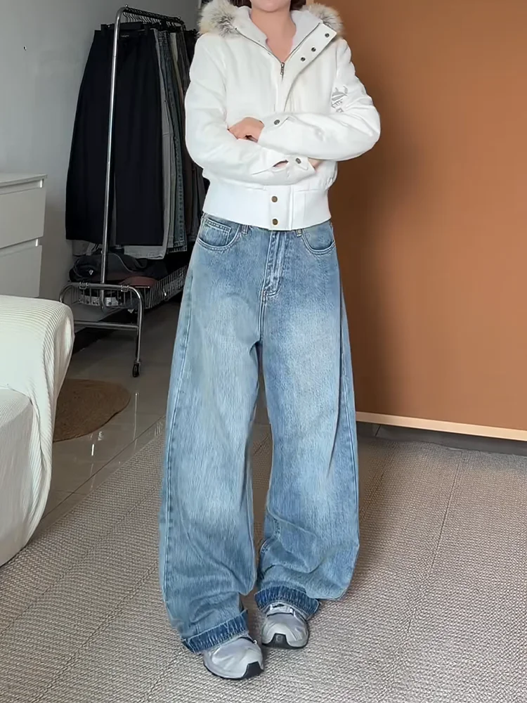 

High Waist Wide Leg American Retro Washed Loose Women's Jeans High Street Style Casual Floor-Length Trousers for plus Size