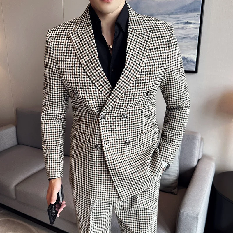Europe and The United States New Fashion Men's Suit Two-piece Suit British Style Teenagers Double-breasted Houndstooth Slim Suit