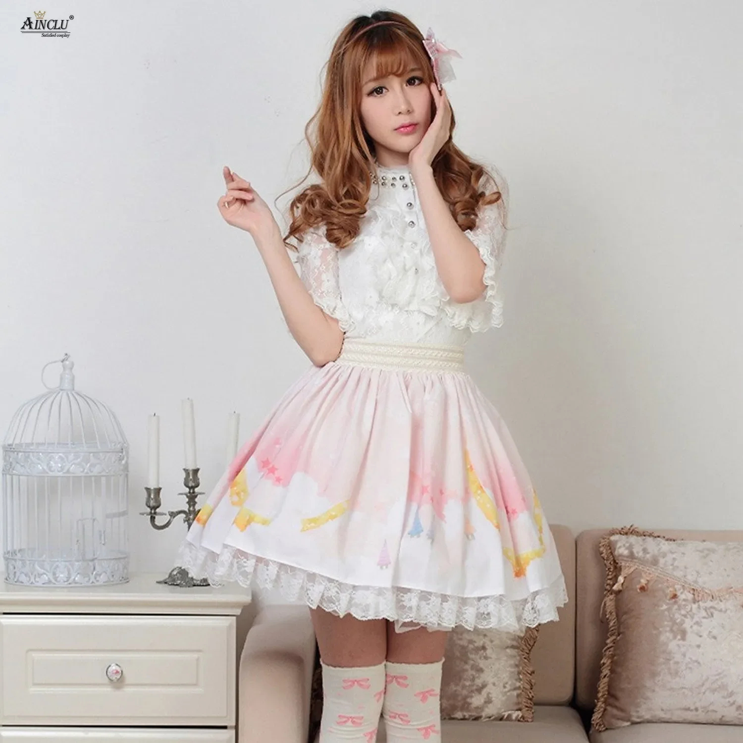 กระโปรงฤดูร้อน Lolita กระโปรงลูกไม้ผู้หญิงปรับแต่งสีชมพู Moonlight Fairy พิมพ์โพลีเอสเตอร์น่ารักหวานเจ้าหญิงจีบกระโปรง