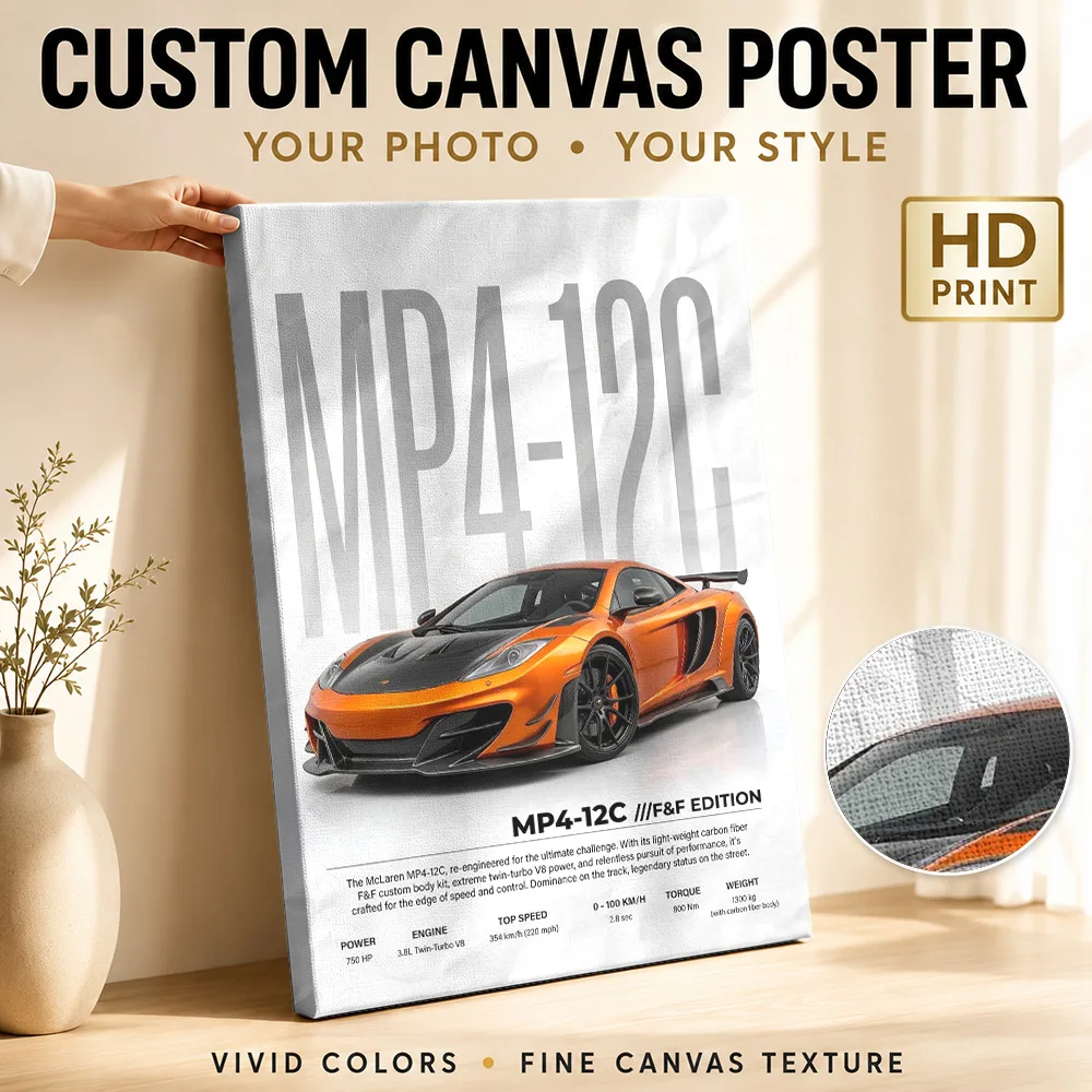 A striking sleeksupercar MP4-12C orange Edition Framed Canvas Poster Personalized Modern Aesthetic Wall Art for Bedroom Decor
