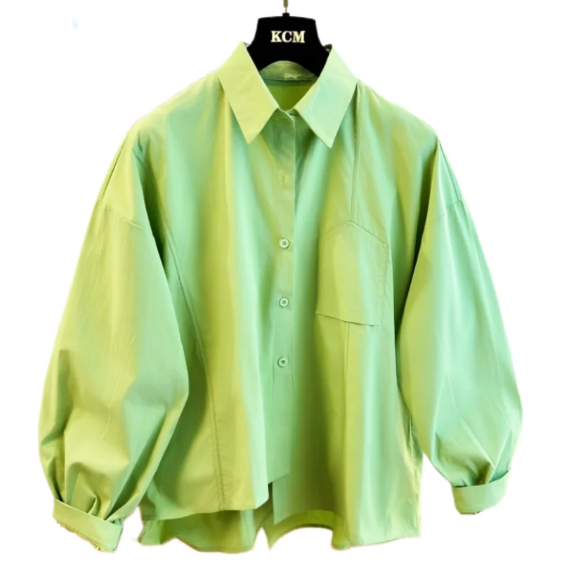 

SuperAen Design Split Asymmetrical Solid Color Cotton Long-sleeved Shirt for Women Korean Style Spring and Autumn Fashion Shirts