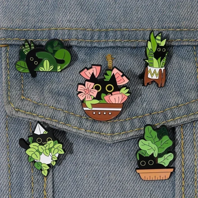 5pcs Cartoon Plants Enamel Pin Creative Cute Black Cat Animal Brooch Bag Clothing Badge Jewelry Backpack Accessories