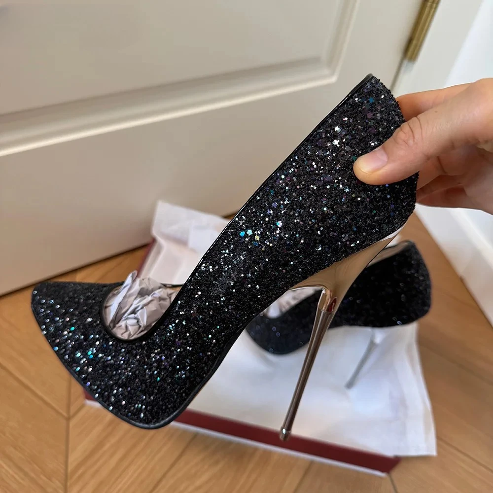 

Сексуальные черные блестящие женские туфли на высоком каблуке 16 см с острым носком, блестящие туфли-лодочки на шпильке, роскошные мужские туфли унисекс для вечеринок и фетиш